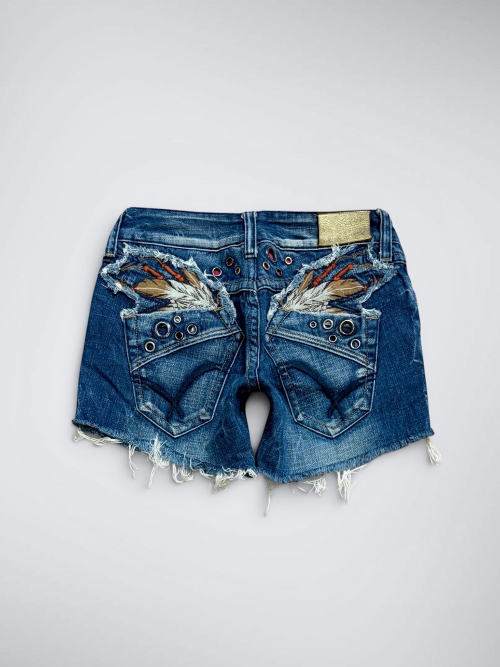 VTG Red Pepper Archival Feather Embellished Grommet Ultra Low Rise Jorts